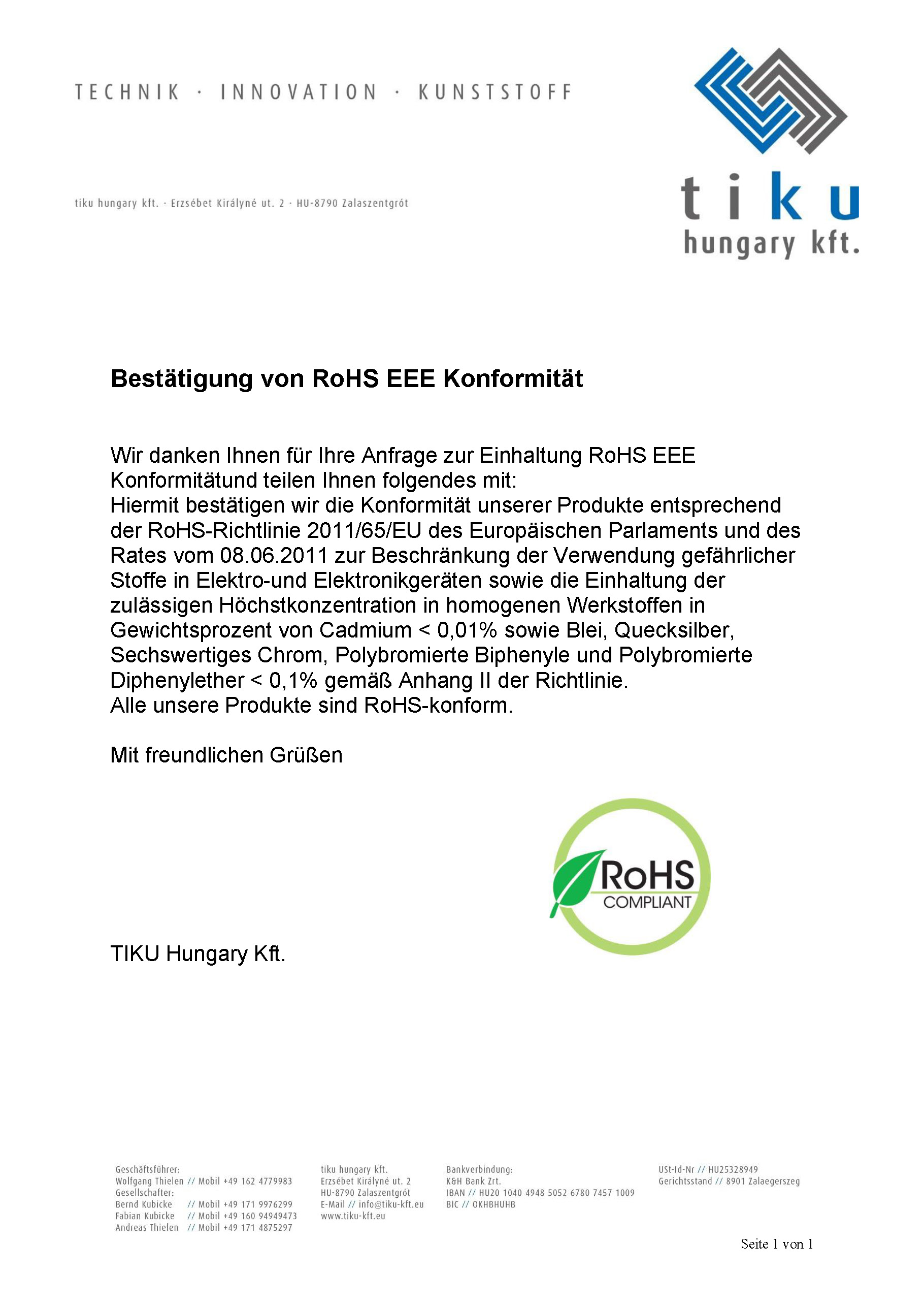 tiku hungary Bestätigung von RoHS EEE Konformität